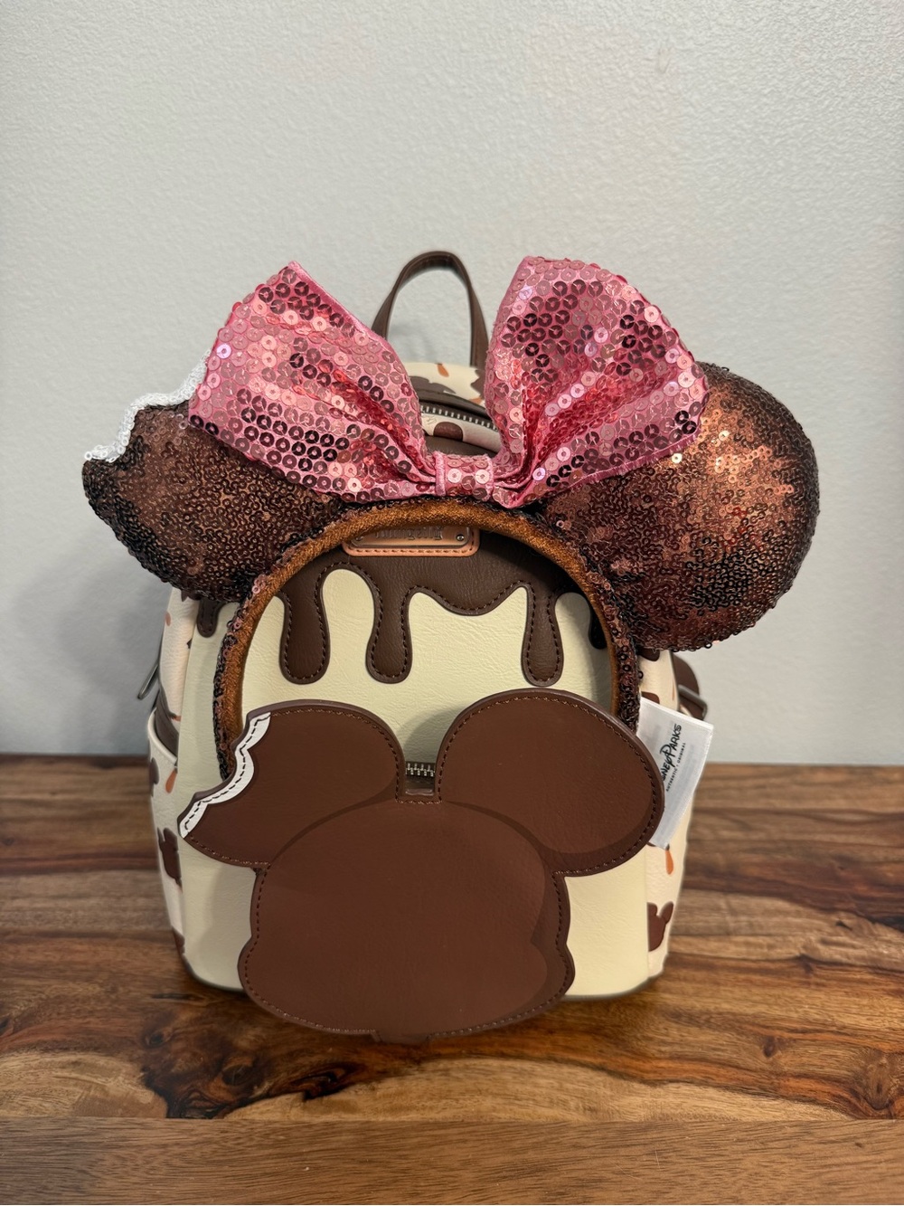 Loungefly Brown Cream Chocolate Drip Mini Backpack with Pink Sequin Bow Ears